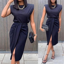 Elegant Solid Color Sleeveless Slit Hem Slim Fit Dress