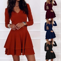 Elegant Solid Color Long Sleeve V-neck Dual-layer Hem Dress