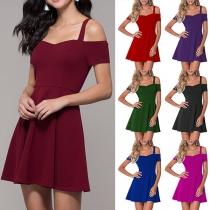 Sexy Off-shoulder Short Sleeve High Waist Solid Color Sling Dress