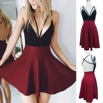 Sexy Backless Deep V-neck High Waist Contrast Color Sling Dress