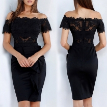 Sexy Off-shoulder Boat Neck Short Sleeve Lace Spliced Slim Fit Dress