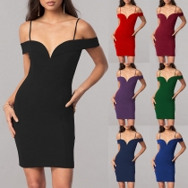 Sexy Off-shoulder V-neck Solid Color Slim Fit Sling Dress