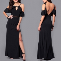 Sexy Backless Off-shoulder Slit Hem High Waist Solid Color Sling Party Dress