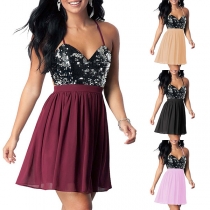 Sexy Backless V-neck High Waist Sequin Spliced Sling Dress