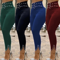 Fashion Solid Color High Waist Slit Hem Slim Fit Pants