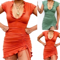 Sexy V-neck Irregular Hem Sleeveless Solid Color Slim Fit Drawstring Dress