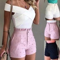 Fashion Solid Color High Waist Slim Fit Beaded Shorts