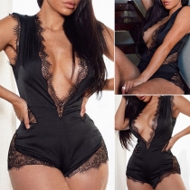 Sexy Deep V-neck Sleeveless Solid Color Slim Fit Lace Spliced Romper