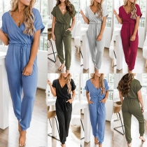 Fashion Solid Color Short Sleeve V-neck High Waist Jumpsuit
