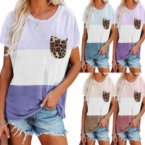 Fashion Contrast Color Short Sleeve Round  Neck Leopard Spliced Pocket T-shirt