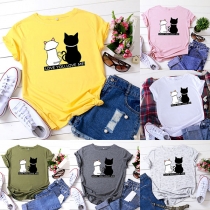 Cute Cat Printed Short Sleeve Round Neck T-shirt