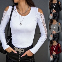 Sexy Off-shoulder Lace Spliced Long Sleeve Round Neck Solid Color T-shirt