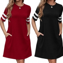 Fashion Contrast Color Striped Spliced Short Sleeve Round Neck Dress