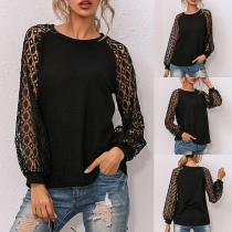 Fashion Hollow Out Lace Spliced Long Sleeve Round Neck Solid Color Knit Top