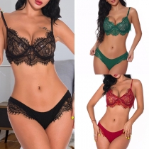 Sexy Solid Color Hollow Out Lace Underwear Lingerie Set