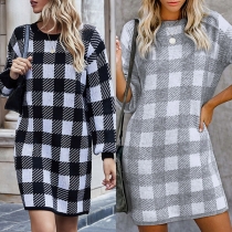 Fashion Long Sleeve Round Neck Plaid Dress