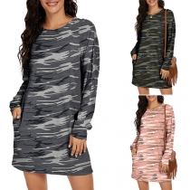 Fashion Long Sleeve Round Neck Camouflage Printed Dress