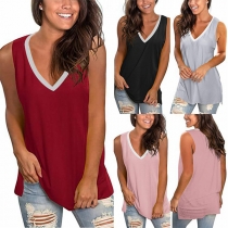 Fashion Contrast Color V-neck Sleeveless T-shirt Tank Top