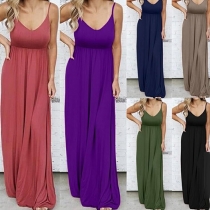 Sexy Backless V-neck High Waist Solid Color Sling Maxi Dress