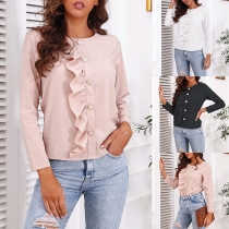 Fashion Solid Color Long Sleeve Round Neck Ruffle Top Blouse