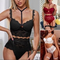 Sexy Solid Color High Waist Lace Halter Sling Underwear Lingerie Set