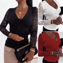 Sexy Lace Spliced Long Sleeve V-neck Solid Color T-shirt