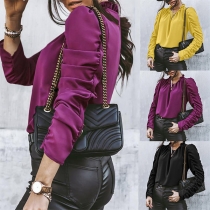 Fashion Solid Color Long Sleeve Ruffle Stand Collar Blouse Top