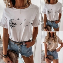 Sweet Style Ruffle Short Sleeve Round Neck Dandelion Printed T-shirt