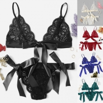 Sexy Solid Color Bow-knot Hollow Out Lace Underwear Lingerie Set