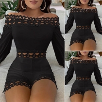 Sexy Off-shoulder Boat Neck Long Sleeve High Waist Solid Color Romper