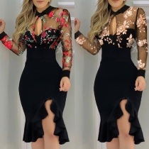 Sexy Embroidery Gauze Spliced Long Sleeve Irregular Ruffle Hem Slim Fit Party Dress