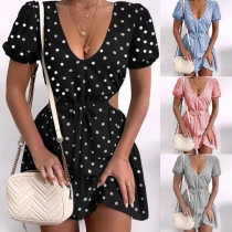 Sexy V-neck Short Sleeve Hollow Out High Waist Dots Printed Dress