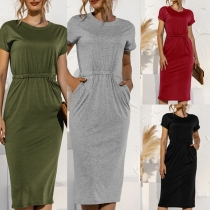 Simple Style Short Sleeve Round Neck High Waist Solid Color Dress