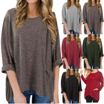 Simple Style Long Sleeve Round Neck Solid Color Loose T-shirt