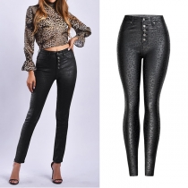 Fashion High Waist Slim Fit Leopard Printed PU Leather Pants