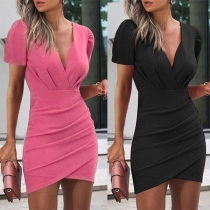 Sexy V-neck Irregular Hem Short Sleeve Solid Color Slim Fit Dress
