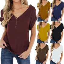 Fashion Solid Color Short Sleeve V-neck Loose T-shirt