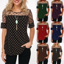 Sexy Gauze Spliced Short Sleeve Round Neck Dots Printed T-shirt