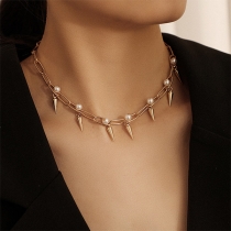 Punk Style Pearl Cone-shape Rivets Necklace
