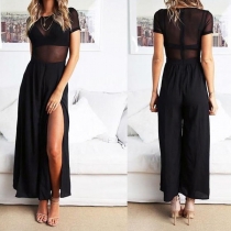 Sexy See-through Gauze Spliced Short Sleeve Slit Hem High Waist Jumpsuit
