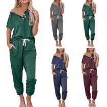 Fashion Solid Color Short Sleeve V-neck Top + Pants Two-piece Set