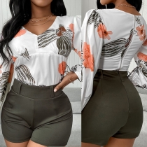 Fashion Lantern Sleeve V-neck Printed Top + High Waist Shorts Two-piece Set