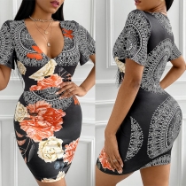 Sexy Deep V-neck Short Sleeve Slim Fit Printed Dress