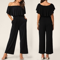 Sexy Off-shoulder Ruffle Boat Neck High Waist Solid Color Jumpsuit