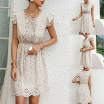 Fashion Solid Color Sleeveless Round Neck High Waist Hollow Out Dress