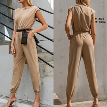 Simple Style Sleeveless Round Neck High Waist Solid Color Jumpsuit