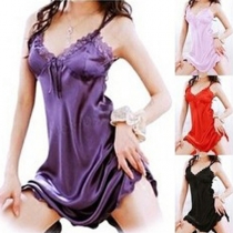Sexy Backless V-neck Lace Spliced Solid Color Sling Nightwear Dress