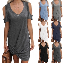 Sexy Off-shoulder Short Sleeve V-neck Twisted Hem Solid Color Dress
