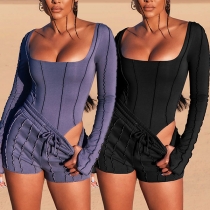 Sexy Backless Square Collar Long Sleeve Bodysuit + Shorts Two-piece Set