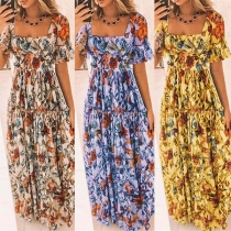 Bohemian Style Short Sleeve Square Collar High Waist Printed Maxi Dress